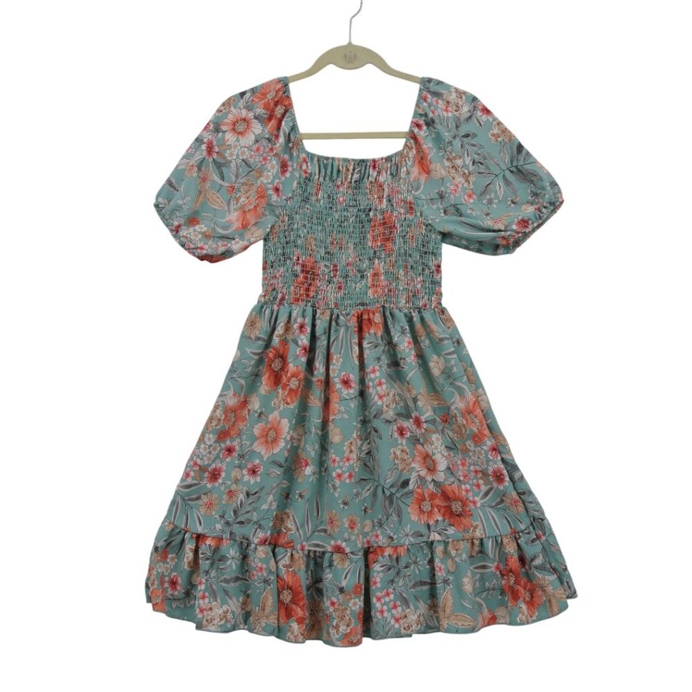 Lovely Melody Floral Puff-Sleeve Smocked Tiered Hem Dress Teal Medium